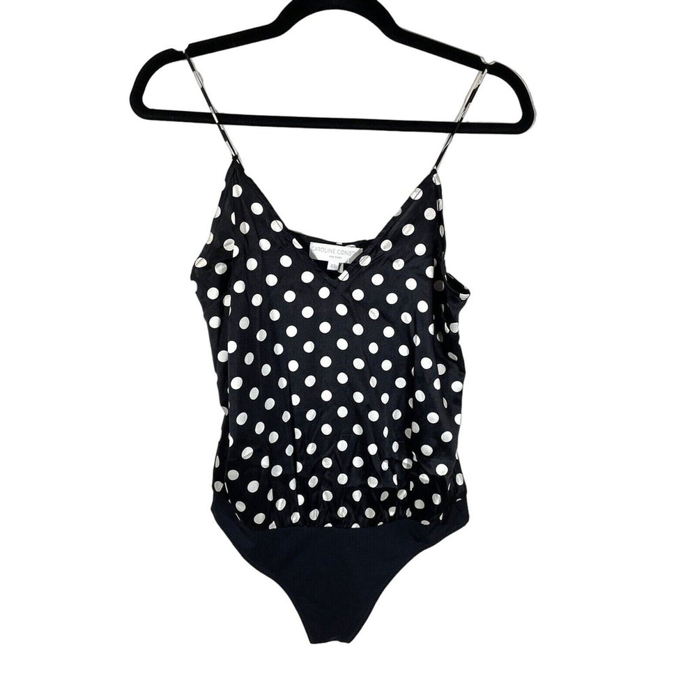 Caroline Constas Black White Polka Dot Silk V-Neck Thong Bodysuit Sz XS